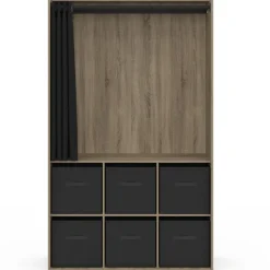 Dressing penderie 104 x 50 x 172 cm hêtre avec rideau noir et 6 boites de rangement