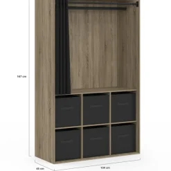 Dressing penderie 104 x 50 x 172 cm hêtre avec rideau noir et 6 boites de rangement