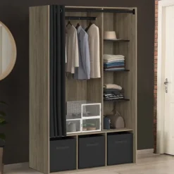 Dressing penderie avec rideau et étagères bois et noir