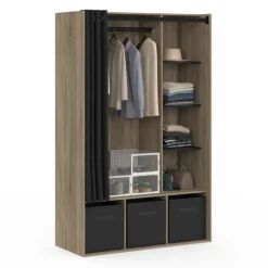 Dressing penderie avec rideau et étagères bois et noir