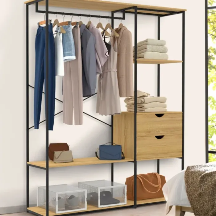 Dressing penderie avec étagères et 2 tiroirs L. 130 cm design industriel