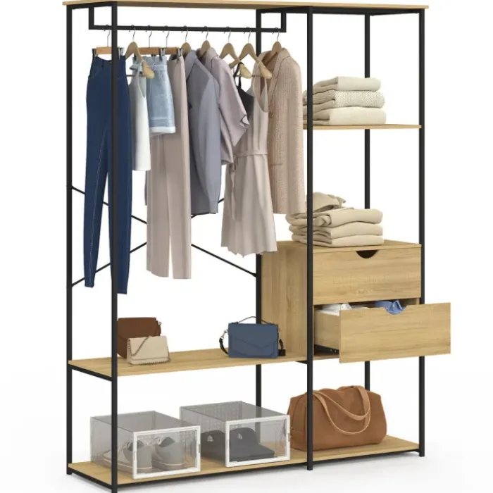 Dressing penderie avec étagères et 2 tiroirs L. 130 cm design industriel