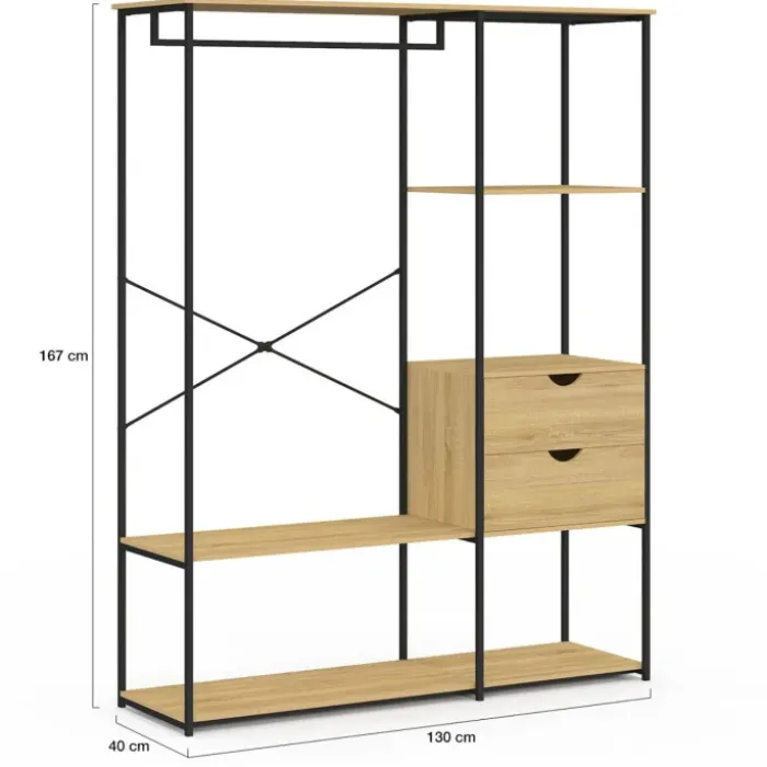 Dressing penderie avec étagères et 2 tiroirs L. 130 cm design industriel