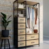 Dressing penderie industriel avec 7 bacs en tissu, coloris bois et noir