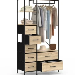 Dressing penderie industriel avec 7 bacs en tissu, coloris bois et noir