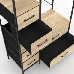 Dressing penderie industriel avec 7 bacs en tissu, coloris bois et noir