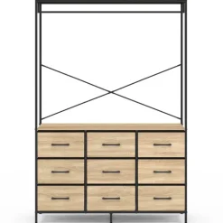 Dressing penderie industriel 115 cm avec 9 bacs en tissu bois et noir
