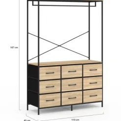 Dressing penderie industriel 115 cm avec 9 bacs en tissu bois et noir