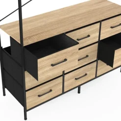 Dressing penderie industriel 115 cm avec 9 bacs en tissu bois et noir