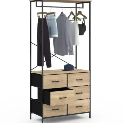 Dressing penderie industrielle avec 6 bacs en tissu bois et noir
