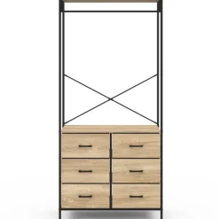 Dressing penderie industrielle avec 6 bacs en tissu bois et noir