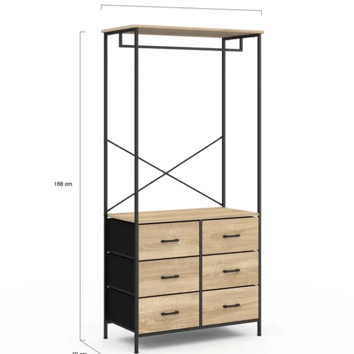 Dressing penderie industrielle avec 6 bacs en tissu bois et noir