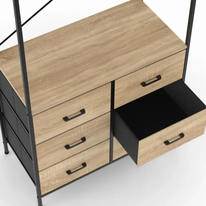 Dressing penderie industrielle avec 6 bacs en tissu bois et noir