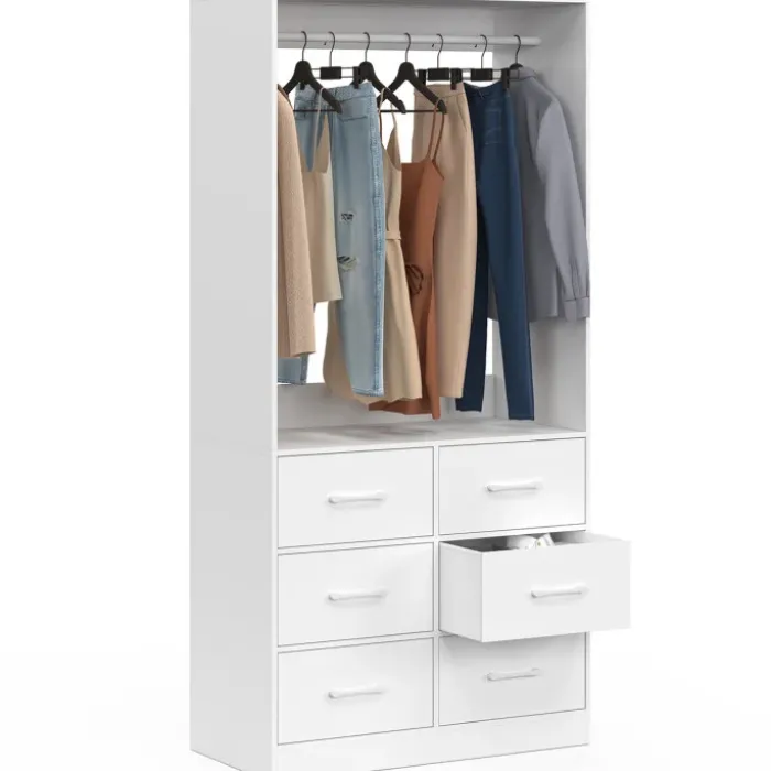 Dressing penderie L. 80 cm avec 6 tiroirs bois et tissu blanc