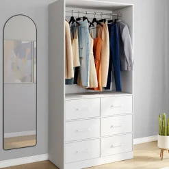 Dressing penderie L. 80 cm avec 6 tiroirs bois et tissu blanc
