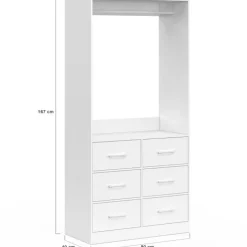 Dressing penderie L. 80 cm avec 6 tiroirs bois et tissu blanc