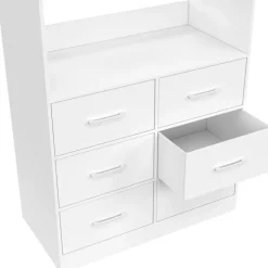 Dressing penderie L. 80 cm avec 6 tiroirs bois et tissu blanc
