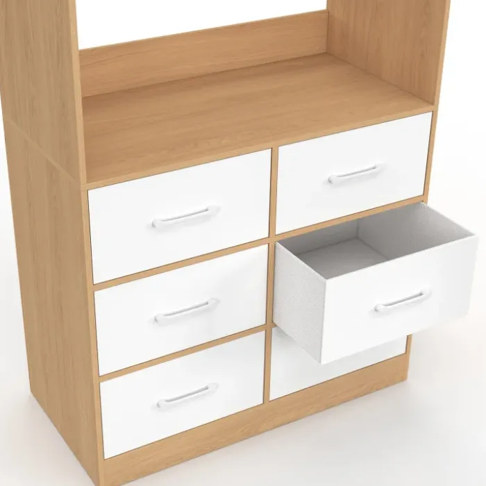 Dressing penderie L. 80 cm avec 6 tiroirs bois façon hêtre et blanc