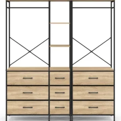 Dressing penderie modulable L. 150 cm XXL avec 3 étagères et 9 bacs en tissu bois et noir