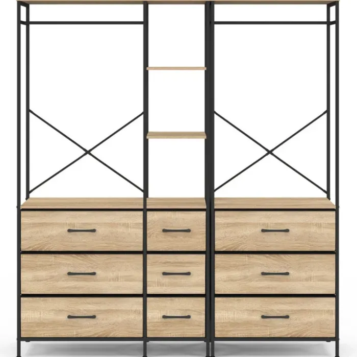 Dressing penderie modulable L. 150 cm XXL avec 3 étagères et 9 bacs en tissu bois et noir