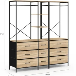Dressing penderie modulable L. 150 cm XXL avec 3 étagères et 9 bacs en tissu bois et noir