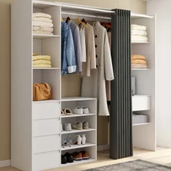 Dressing XXL extensible 120/180 cm blanc avec tiroirs + étagères + penderie + rideau gris