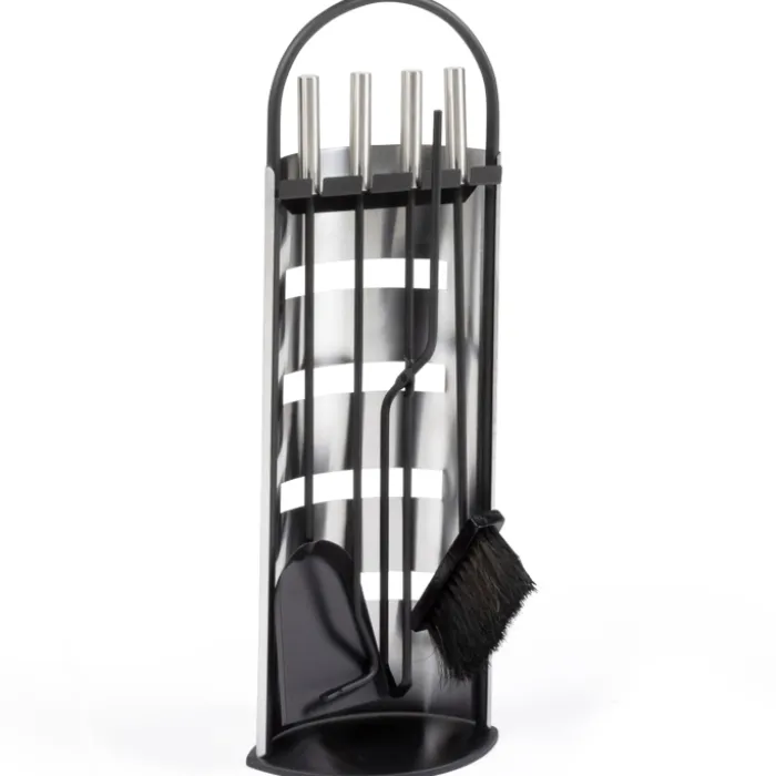 Ensemble d'accessoires de cheminée noir inox avec support