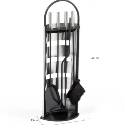 Ensemble d'accessoires de cheminée noir inox avec support