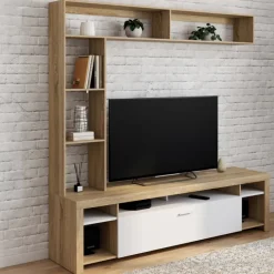Ensemble meuble télé 170 cm avec étagères bois et placard blanc