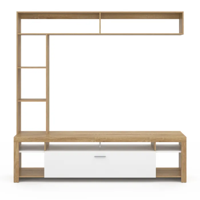 Ensemble meuble télé 170 cm avec étagères bois et placard blanc