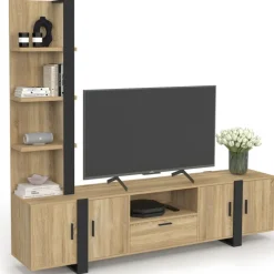 Ensemble meuble TV avec étagères et placard 200 cm bois et noir