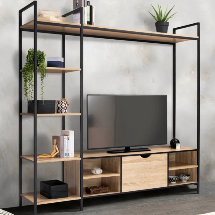 Ensemble meuble TV industriel avec étagères