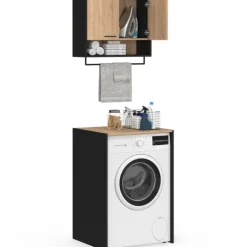 Ensemble meubles de buanderie pour machine à laver noir et hêtre