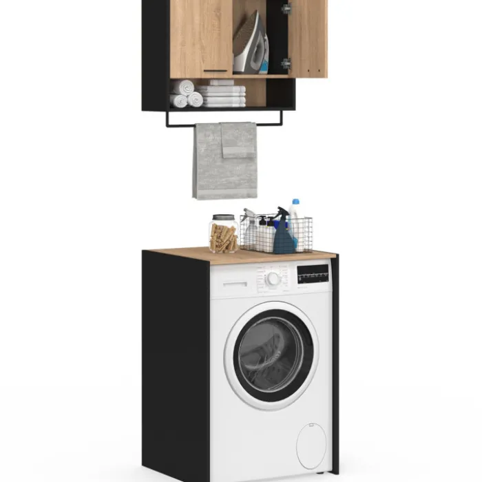 Ensemble meubles de buanderie pour machine à laver noir et hêtre
