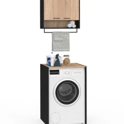 Ensemble meubles de buanderie pour machine à laver noir et hêtre