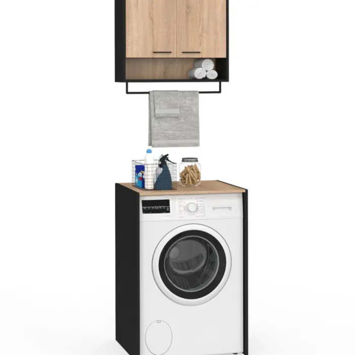 Ensemble meubles de buanderie pour machine à laver noir et hêtre
