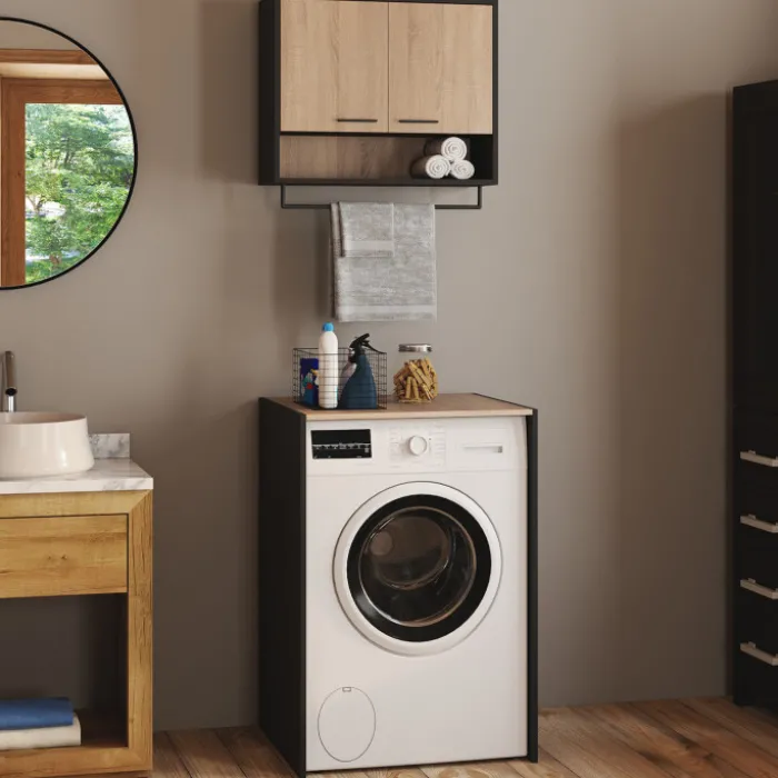 Ensemble meubles de buanderie pour machine à laver noir et hêtre