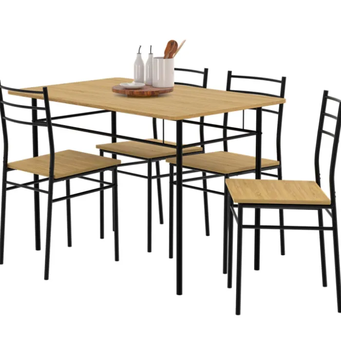 Ensemble table à manger + 4 chaises métal noir et bois