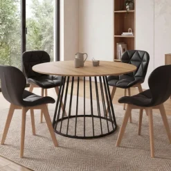 Ensemble table à manger extensible ronde plateau bois et pied filaire en métal 110-150 cm et 4 chaises en PU noires