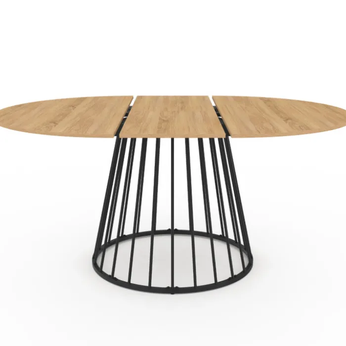 Ensemble table à manger extensible ronde plateau bois et pied filaire en métal 110-150 cm et 4 chaises en PU noires