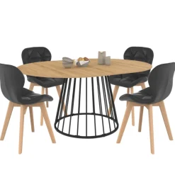 Ensemble table à manger extensible ronde plateau bois et pied filaire en métal 110-150 cm et 4 chaises en PU noires