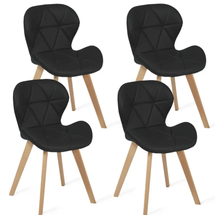 Ensemble table à manger extensible ronde plateau bois et pied filaire en métal 110-150 cm et 4 chaises en PU noires