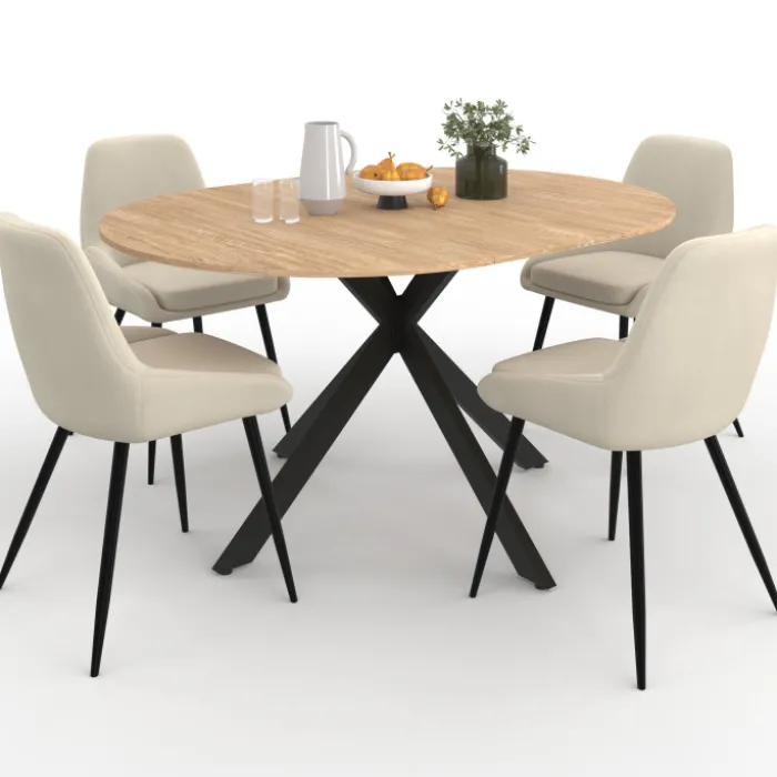 Ensemble table à manger extensible ronde bois et noir 110-150 cm et 4 chaises velours beige