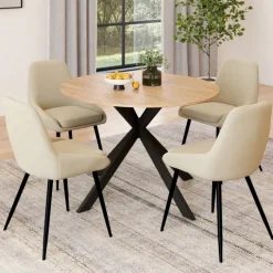 Ensemble table à manger extensible ronde bois et noir 110-150 cm et 4 chaises velours beige