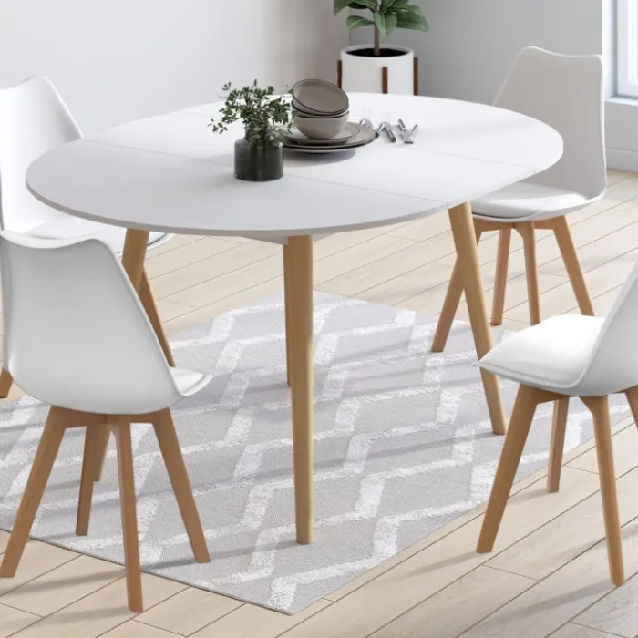 Ensemble table à manger extensible ronde blanc pied bois 110 - 150 cm et 4 chaises blanches