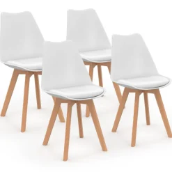 Ensemble table à manger extensible ronde blanc pied bois 110 - 150 cm et 4 chaises blanches