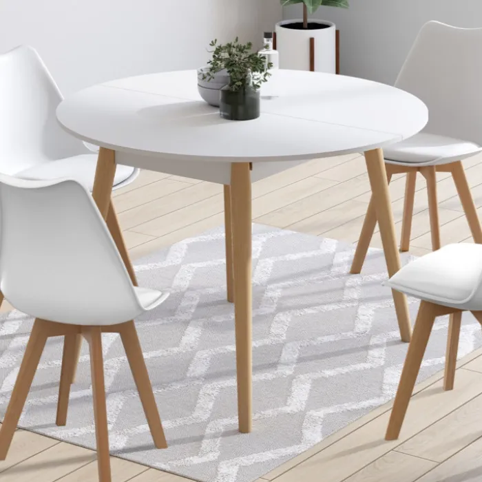 Ensemble table à manger extensible ronde blanc pied bois 110 - 150 cm et 4 chaises blanches