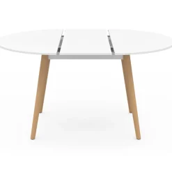 Ensemble table à manger extensible ronde blanc pied bois 110 - 150 cm et 4 chaises blanches