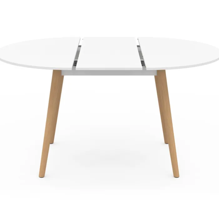Ensemble table à manger extensible ronde blanc pied bois 110 - 150 cm et 4 chaises blanches