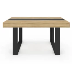Ensemble table à manger rectangle bois et noir bande centrale noire 160 cm et 6 chaises noires bandeau blanc